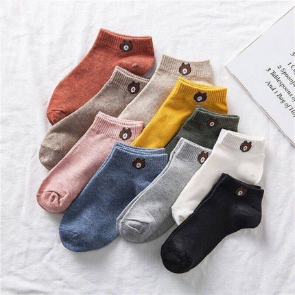 🔥พร้อมส่ง🔥ถุงเท้า ข้อสั้นผู้หญิง พร้อมถุงลายหมี  มินิมอล หมีบราวน์ ผ้านิ่ม ราคา/แพ็ค10คู่ สินค้าในไทย