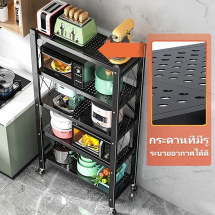 ชั้นวางพับได้ ชั้นวางของ พร้อมล้อเสริม 5ชั้น ชั้นวางเข็นได้  เก็บอุปกรณ์ ของใช้ในบ้าน